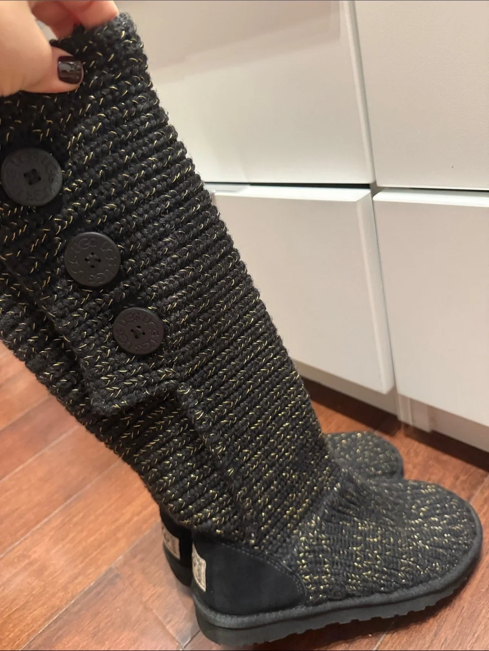 UGG Black Knit-Trim Mid-Calf Boots with Gold Threading